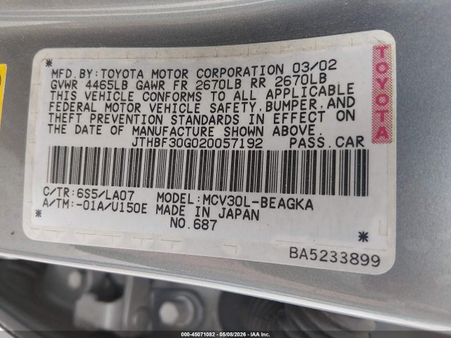 Aukcja sprzedaży 2002 Lexus Es 300, vin: JTHBF30G020057192, numer aukcji: 45071082
