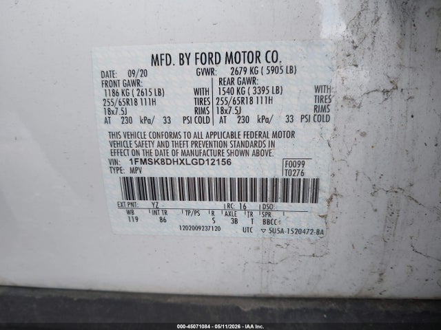 45071084 :رقم المزاد ، 1FMSK8DHXLGD12156 vin ، 2020 Ford Explorer Xlt مزاد بيع