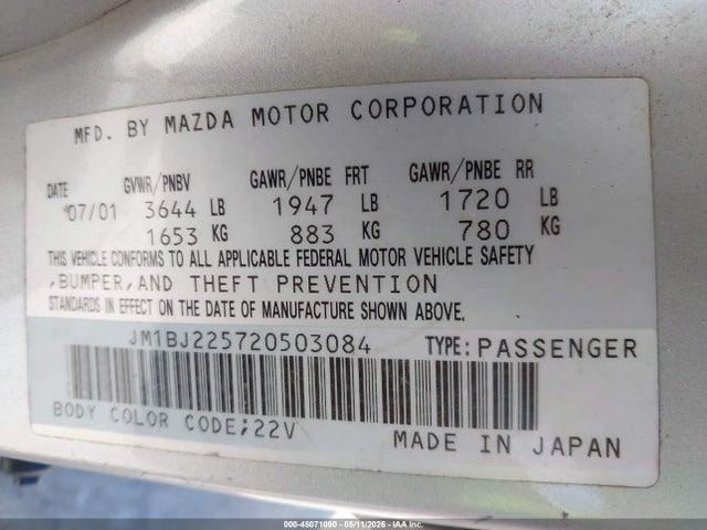 Aukcja sprzedaży 2002 Mazda Protege Dx/es/lx, vin: JM1BJ225720503084, numer aukcji: 45071090