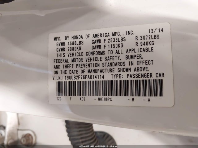 2015 Acura Tlx V6 Advance მანქანა იყიდება აუქციონზე, vin: 19UUB2F76FA014114, აუქციონის ნომერი: 45071097
