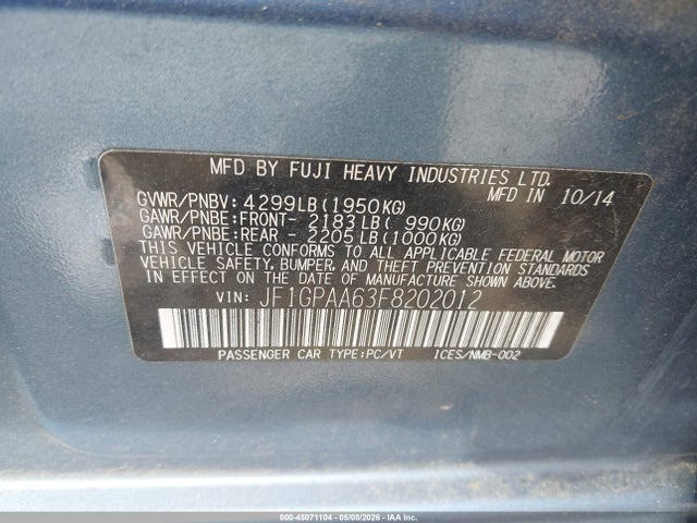 45071104 :رقم المزاد ، JF1GPAA63F8202012 vin ، 2015 Subaru Impreza 2.0i مزاد بيع