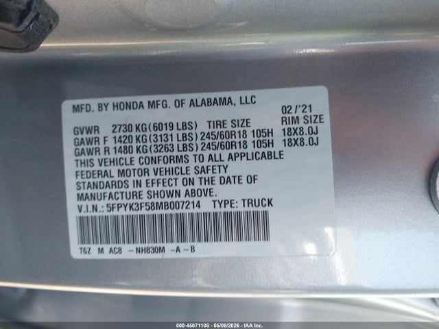 Aukcja sprzedaży 2021 Honda Ridgeline Awd Rtl, vin: 5FPYK3F58MB007214, numer aukcji: 45071108