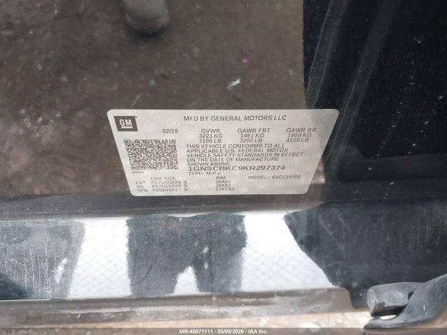 Продаж на аукціоні авто 2019 Chevrolet Tahoe Lt, vin: 1GNSCBKC9KR297374, номер лоту: 45071111