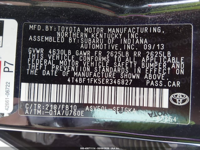 45071114 :رقم المزاد ، 4T4BF1FK5ER346827 vin ، 2014 Toyota Camry Xle مزاد بيع