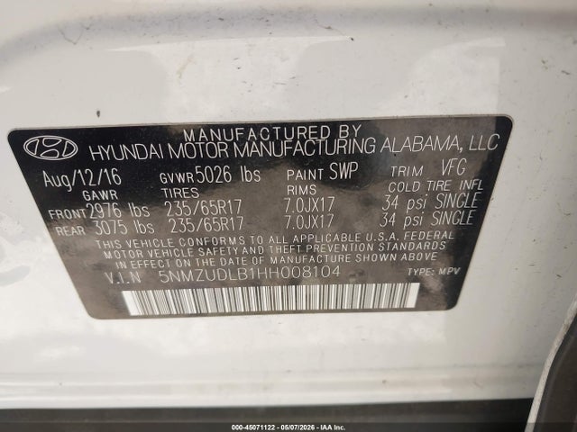 Aukcja sprzedaży 2017 Hyundai Santa Fe Sport 2.4l, vin: 5NMZUDLB1HH008104, numer aukcji: 45071122