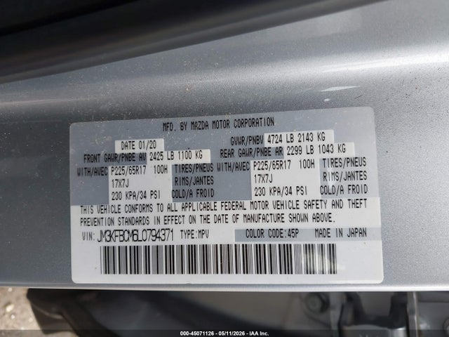 Продаж на аукціоні авто 2020 Mazda Cx-5 Touring, vin: JM3KFBCM6L0794371, номер лоту: 45071126