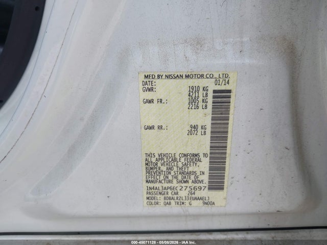 45071128 :رقم المزاد ، 1N4AL3AP6EC275697 vin ، 2014 Nissan Altima 2.5 S مزاد بيع