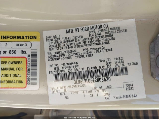 Aukcja sprzedaży 2014 Lincoln Mkz Hybrid, vin: 3LN6L2LU9ER806630, numer aukcji: 45071134