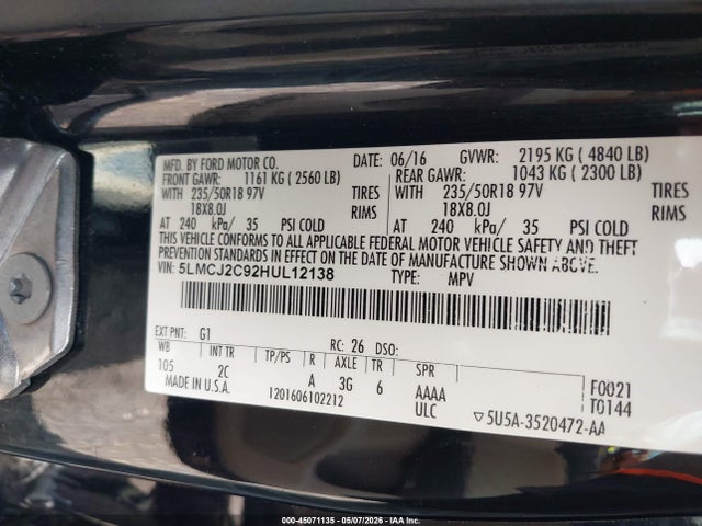 45071135 :رقم المزاد ، 5LMCJ2C92HUL12138 vin ، 2017 Lincoln Mkc Select مزاد بيع