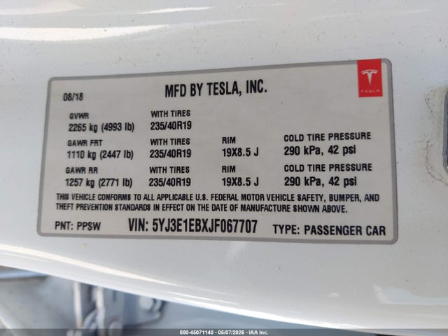 5YJ3E1EBXJF067707 Tesla Model 3 Long Range/performance