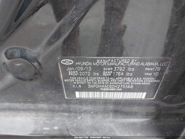 45071145 :رقم المزاد ، 5NPDH4AE6DH275568 vin ، 2013 Hyundai Elantra Gls مزاد بيع
