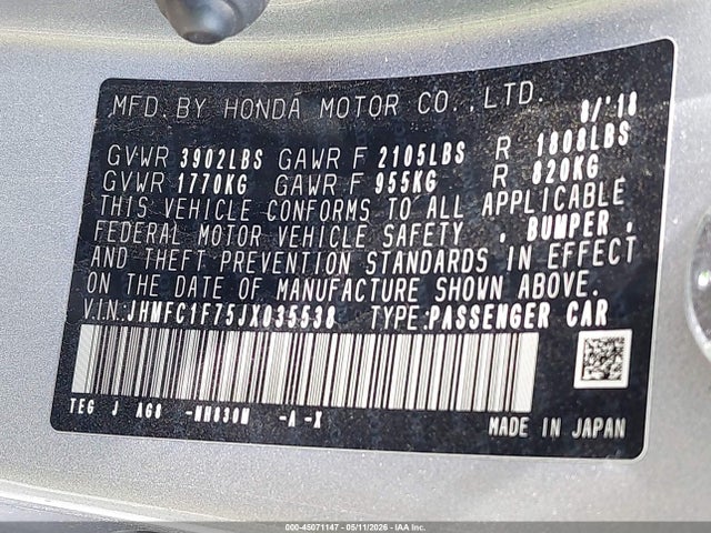 Продаж на аукціоні авто 2018 Honda Civic Ex-l, vin: JHMFC1F75JX035538, номер лоту: 45071147