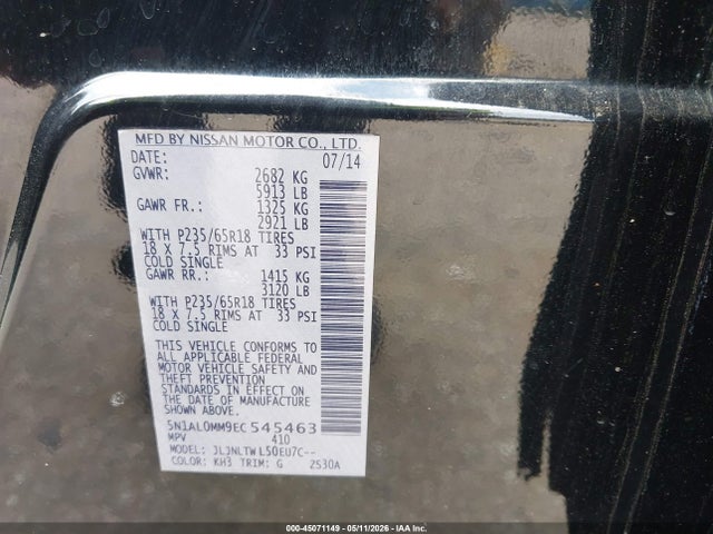 Auction sale of the 2014 Infiniti Qx60, vin: 5N1AL0MM9EC545463, lot number: 45071149