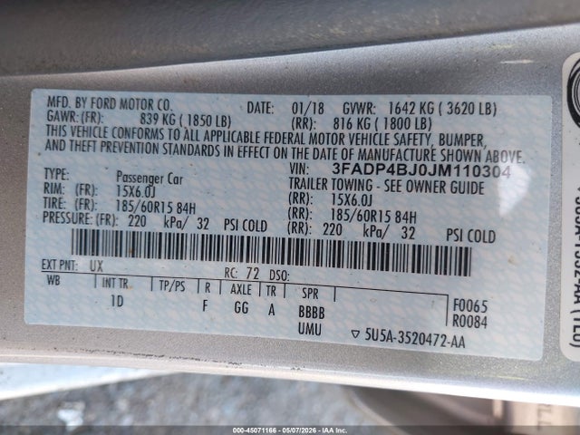 Продажа на аукционе авто 2018 Ford Fiesta Se, vin: 3FADP4BJ0JM110304, номер лота: 45071166