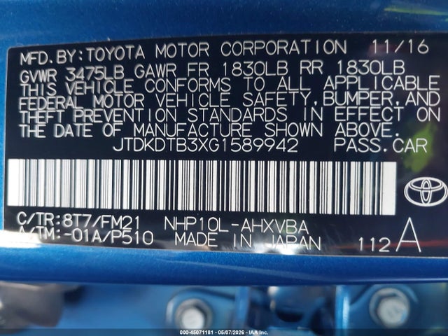 JTDKDTB3XG1589942 Toyota Prius C Two