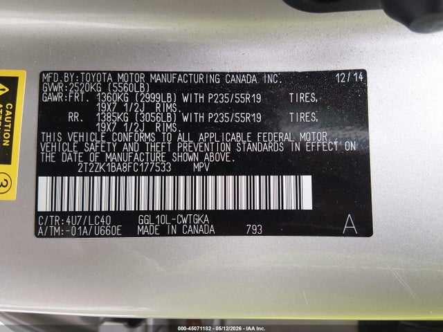 45071182 :رقم المزاد ، 2T2ZK1BA8FC177533 vin ، 2015 Lexus Rx 350 مزاد بيع