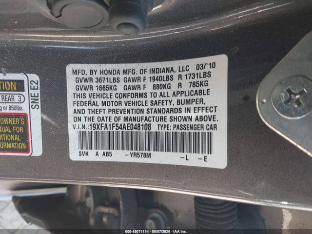 Продажа на аукционе авто 2010 Honda Civic Lx, vin: 19XFA1F54AE048108, номер лота: 45071194
