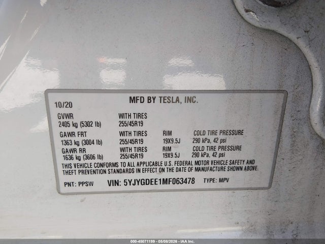 45071199 :رقم المزاد ، 5YJYGDEE1MF063478 vin ، 2021 Tesla Model Y Long Range Dual Motor All-wheel Drive مزاد بيع