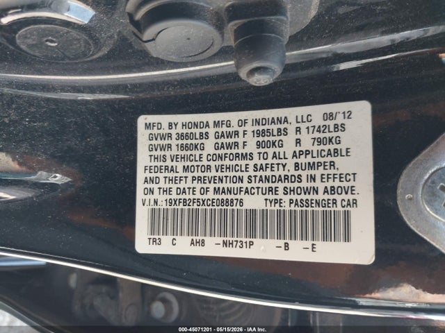 2012 Honda Civic Lx მანქანა იყიდება აუქციონზე, vin: 19XFB2F5XCE088876, აუქციონის ნომერი: 45071201