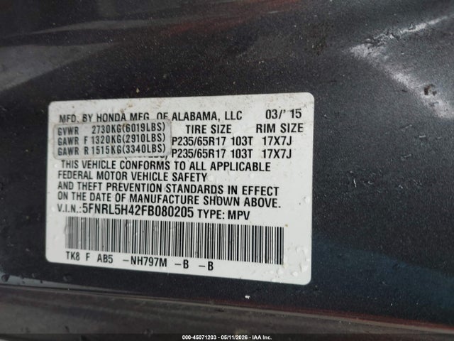 2015 Honda Odyssey Ex მანქანა იყიდება აუქციონზე, vin: 5FNRL5H42FB080205, აუქციონის ნომერი: 45071203