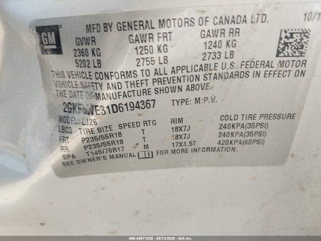 Aukcja sprzedaży 2013 Gmc Terrain Slt-2, vin: 2GKFLWE31D6194367, numer aukcji: 45071205