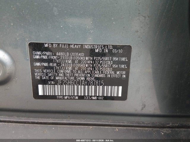45071213 :رقم المزاد ، JF2SH6CC1AH787815 vin ، 2010 Subaru Forester 2.5x Premium مزاد بيع