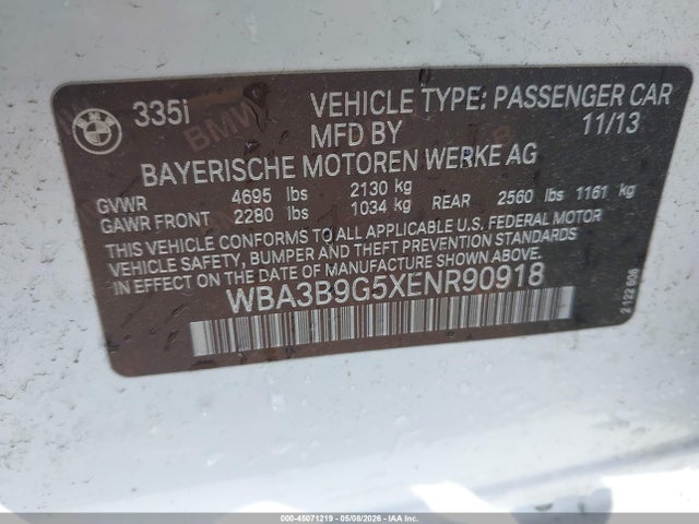 2014 Bmw 335i Xdrive მანქანა იყიდება აუქციონზე, vin: WBA3B9G5XENR90918, აუქციონის ნომერი: 45071219