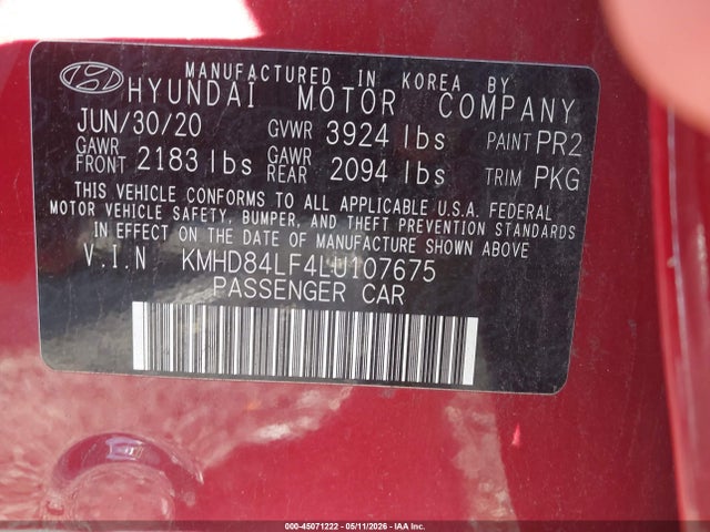 45071222 :رقم المزاد ، KMHD84LF4LU107675 vin ، 2020 Hyundai Elantra Sel مزاد بيع