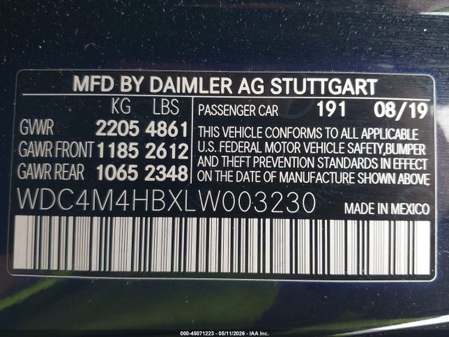 45071223 :رقم المزاد ، WDC4M4HBXLW003230 vin ، 2020 Mercedes-benz Glb 250 4matic مزاد بيع