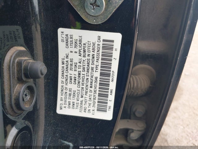 Продаж на аукціоні авто 2014 Honda Civic Lx, vin: 2HGFB2F5XEH512646, номер лоту: 45071228