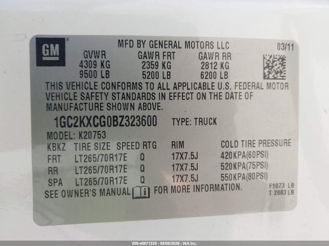 2011 Chevrolet Silverado 2500hd Lt მანქანა იყიდება აუქციონზე, vin: 1GC2KXCG0BZ323600, აუქციონის ნომერი: 45071230