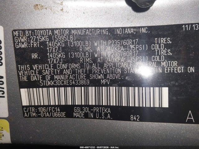 Продаж на аукціоні авто 2014 Toyota Sienna Le V6 8 Passenger, vin: 5TDKK3DCXES433869, номер лоту: 45071232