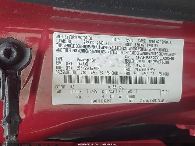 Aukcja sprzedaży 2012 Ford Focus Se, vin: 1FAHP3F27CL320546, numer aukcji: 45071233