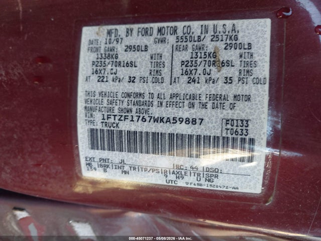 Продажа на аукционе авто 1998 Ford F-150 Lariat/standard/xl/xlt, vin: 1FTZF1767WKA59887, номер лота: 45071237
