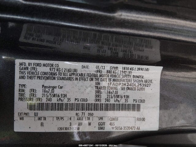 2013 Ford Focus Se მანქანა იყიდება აუქციონზე, vin: 1FADP3K24DL253927, აუქციონის ნომერი: 45071241
