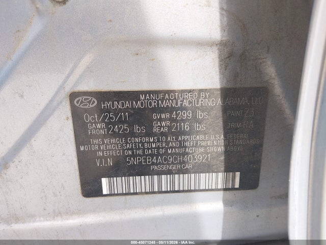 45071245 :رقم المزاد ، 5NPEB4AC9CH403921 vin ، 2012 Hyundai Sonata Gls مزاد بيع