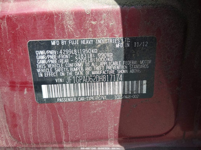 Продаж на аукціоні авто 2013 Subaru Impreza 2.0i Premium, vin: JF1GPAD62DH817174, номер лоту: 45071248