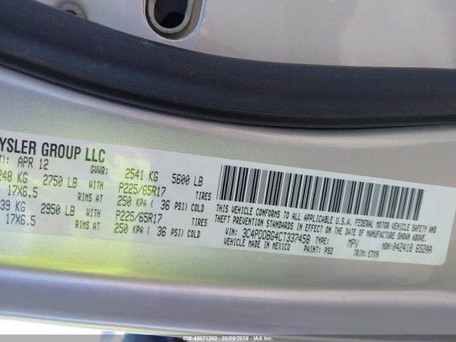 45071260 :رقم المزاد ، 3C4PDDBG4CT337458 vin ، 2012 Dodge Journey Sxt مزاد بيع