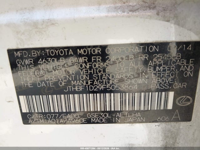 Продажа на аукционе авто 2015 Lexus Is 250, vin: JTHBF1D29F5053864, номер лота: 45071264