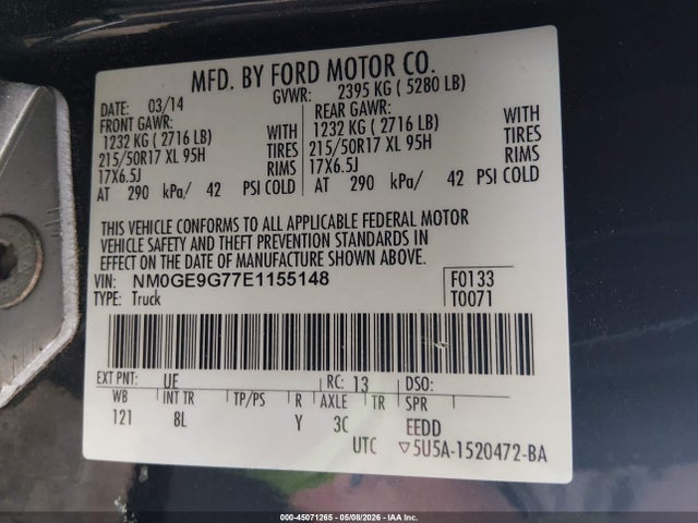 45071265 :رقم المزاد ، NM0GE9G77E1155148 vin ، 2014 Ford Transit Connect Titanium مزاد بيع