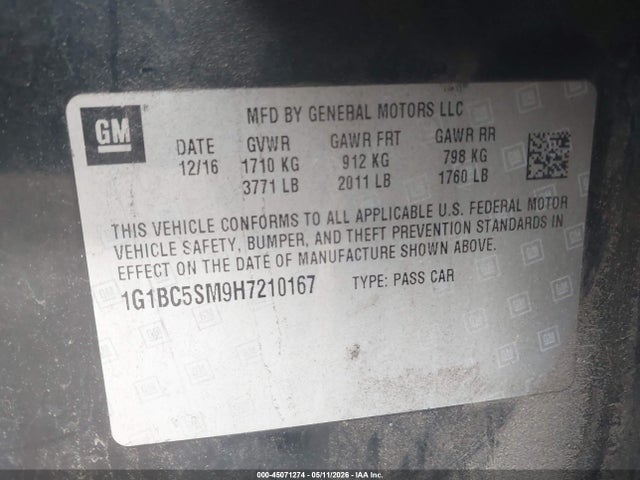 Продаж на аукціоні авто 2017 Chevrolet Cruze Ls Auto, vin: 1G1BC5SM9H7210167, номер лоту: 45071274