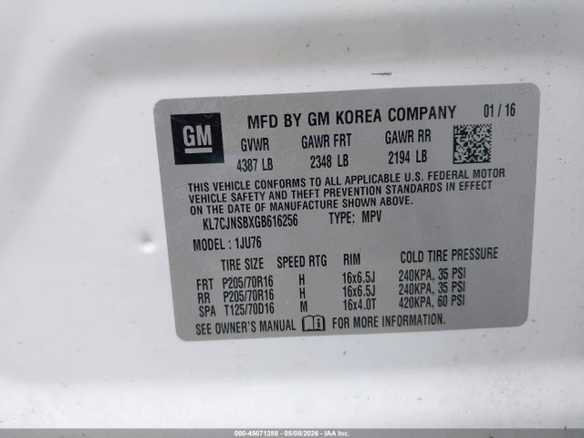 Auction sale of the 2016 Chevrolet Trax 1ls, vin: KL7CJNSBXGB616256, lot number: 45071288