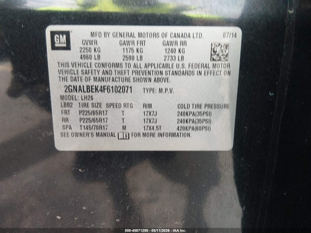 2015 Chevrolet Equinox 1lt მანქანა იყიდება აუქციონზე, vin: 2GNALBEK4F6102071, აუქციონის ნომერი: 45071290