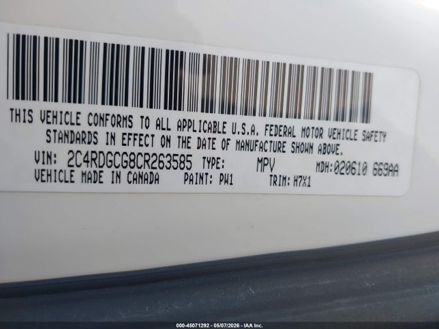 2012 Dodge Grand Caravan Sxt მანქანა იყიდება აუქციონზე, vin: 2C4RDGCG8CR263585, აუქციონის ნომერი: 45071292