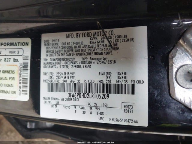 Ford FUSION SE 2020 3FA6P0HD2LR105209 Image 9