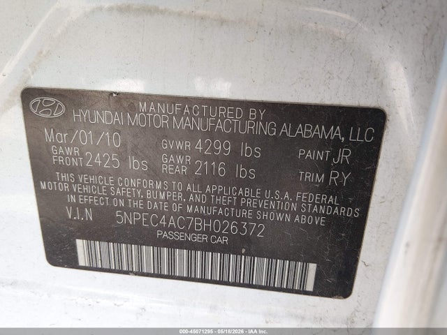 Aukcja sprzedaży 2011 Hyundai Sonata Limited, vin: 5NPEC4AC7BH026372, numer aukcji: 45071295
