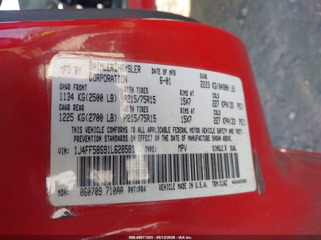 45071303 :رقم المزاد ، 1J4FF58S91L628581 vin ، 2001 Jeep Cherokee Limited/sport مزاد بيع