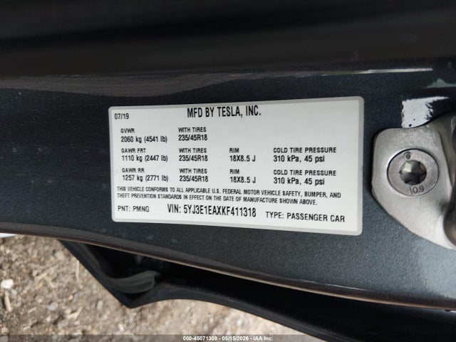 Продаж на аукціоні авто 2019 Tesla Model 3 Long Range/mid Range/standard Range/standard Range Plus, vin: 5YJ3E1EAXKF411318, номер лоту: 45071308