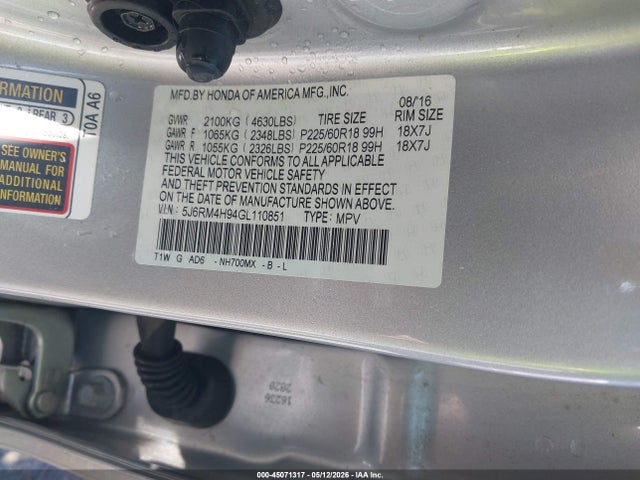 Aukcja sprzedaży 2016 Honda Cr-v Touring, vin: 5J6RM4H94GL110851, numer aukcji: 45071317