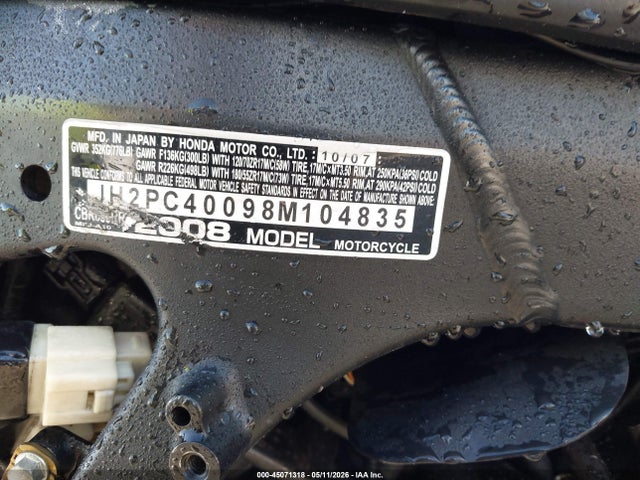 45071318 :رقم المزاد ، JH2PC40098M104835 vin ، 2008 Honda Cbr600 Rr مزاد بيع